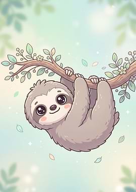 Cute Cartoon Sloth Hanging on Branch
