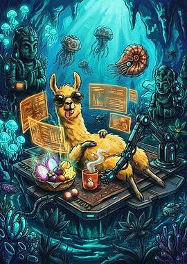 Cyberpunk Llama Relaxing in Underwater Cave