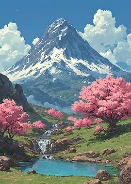 Snowy Mountain with Cherry Blossoms