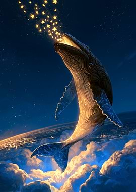 Whale Breathing Stars Above Clouds