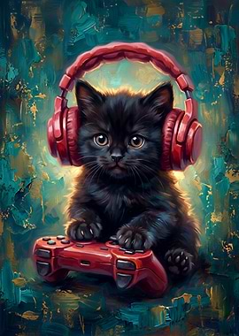 Black Kitten Gaming with Headphones