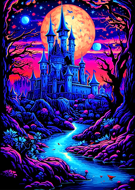 Neon Fantasy Castle Under Full Moon