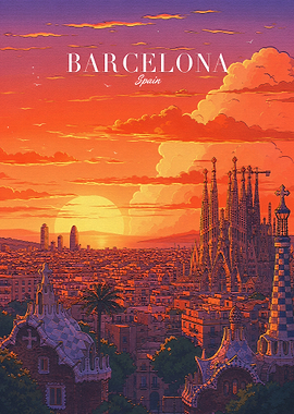 Barcelona Spain Sunset Travel Poster