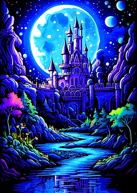 Neon Fantasy Castle Under Moonlit Sky
