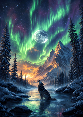 Wolf Howling Under Northern Lights