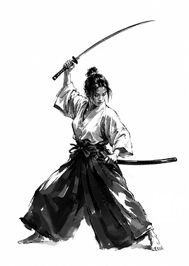 Female Samurai Warrior Ink Illustration