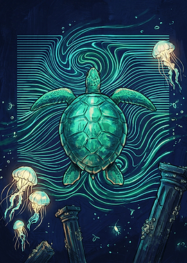 Sea Turtle Swimming Among Ancient Ruins