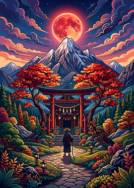 Samurai at Shrine Under Red Moon