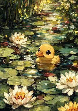 Cute Duckling in Water Lily Pond