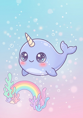 Cute Kawaii Narwhal with Rainbow