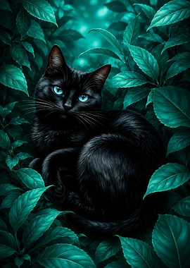 Black Cat in Teal Foliage