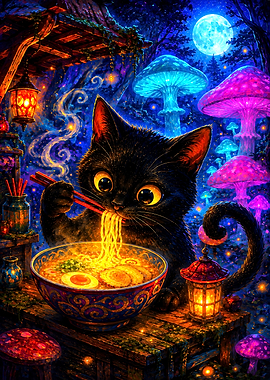 Black Cat Eating Ramen in Forest