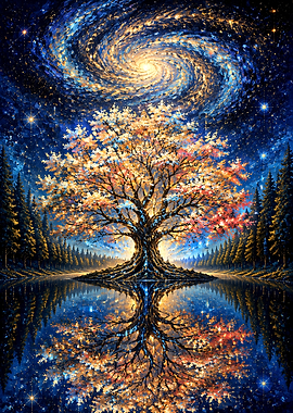 Glowing Cosmic Tree by the Lake
