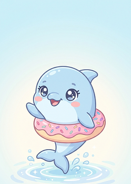 Cute Cartoon Dolphin with Donut Float
