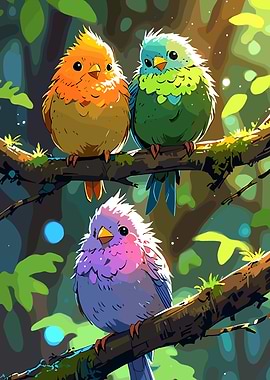Three Colorful Birds on Branches