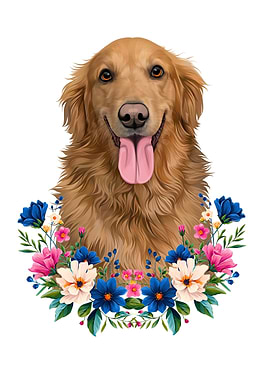Golden Retriever Portrait with Floral Wreath
