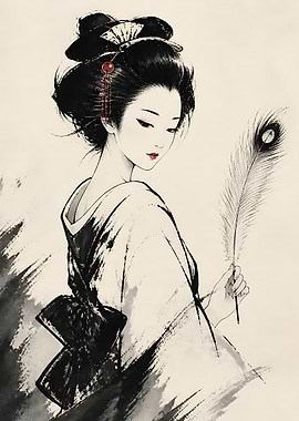 Elegant Geisha with Peacock Feather