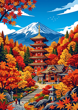 Mount Fuji and Pagoda Autumn Landscape
