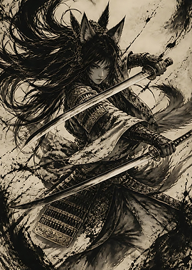 Fox-eared Samurai Warrior with Katanas