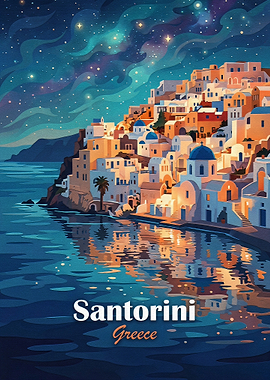 Santorini Greece Night Travel Poster