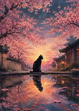 Black Cat Under Cherry Blossoms
