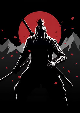 Samurai Warrior Silhouette with Red Sun