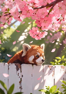 Cute Red Panda Under Cherry Blossoms