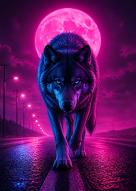 Neon Wolf Walking on Road
