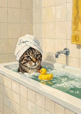 Tabby Cat Taking a Bubble Bath