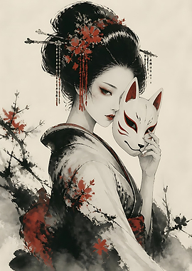 Geisha with Kitsune Mask Illustration