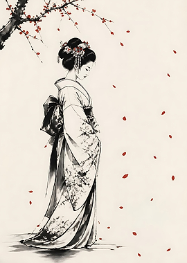 Elegant Geisha Under Cherry Blossoms