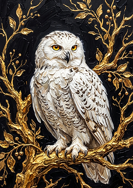 Golden Snowy Owl Oil Painting