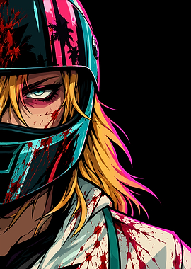 Bloody Biker Girl Synthwave Portrait