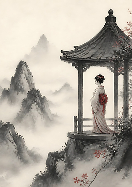 Geisha in Misty Mountain Pavilion
