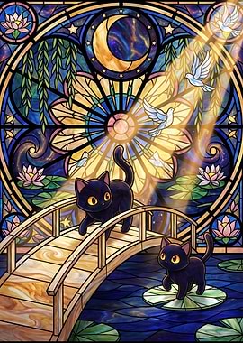 Stained Glass Cats on Bridge