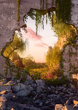 Ruined Wall Overlooking Sunset Landscape