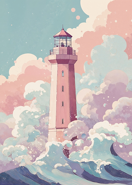 Pink lighthouse standing among waves and clouds