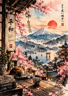 Peaceful Cat Resting by Mount Fuji