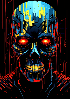 Cybernetic Skull with Glowing Red Eyes
