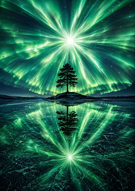 Lone Tree Under Green Aurora