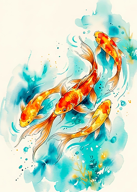 Watercolor Koi Fish Swimming