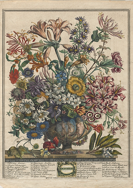 Vintage Botanical October Flower Arrangement Print