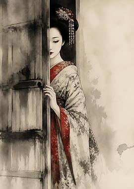 Geisha Peeking Through Wooden Door