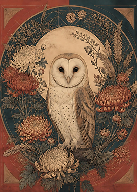 Barn Owl with Chrysanthemums Art