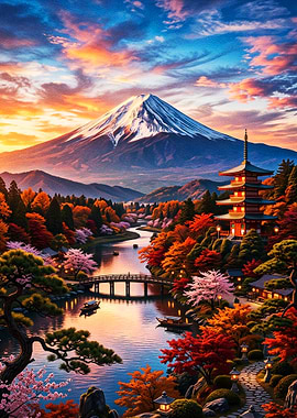 Mount Fuji and Pagoda Landscape