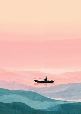 Lone fisherman in a small wooden boat