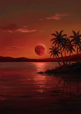 Red Moon Over Tropical Beach
