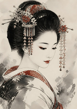 Elegant Geisha Portrait in Ink Wash