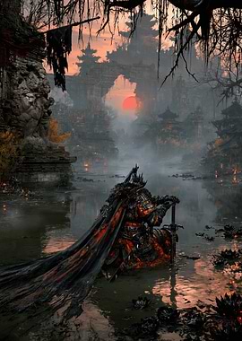 Lone Samurai in Ruined Temple