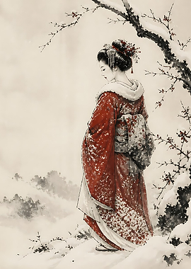 Geisha in Snowy Winter Landscape